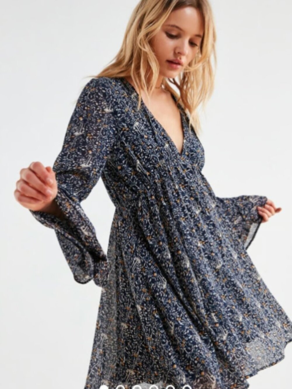 Women's Urban Outfitters Lucca Dress Long Bell Sleeve Plunge Neck Mini A-Line
